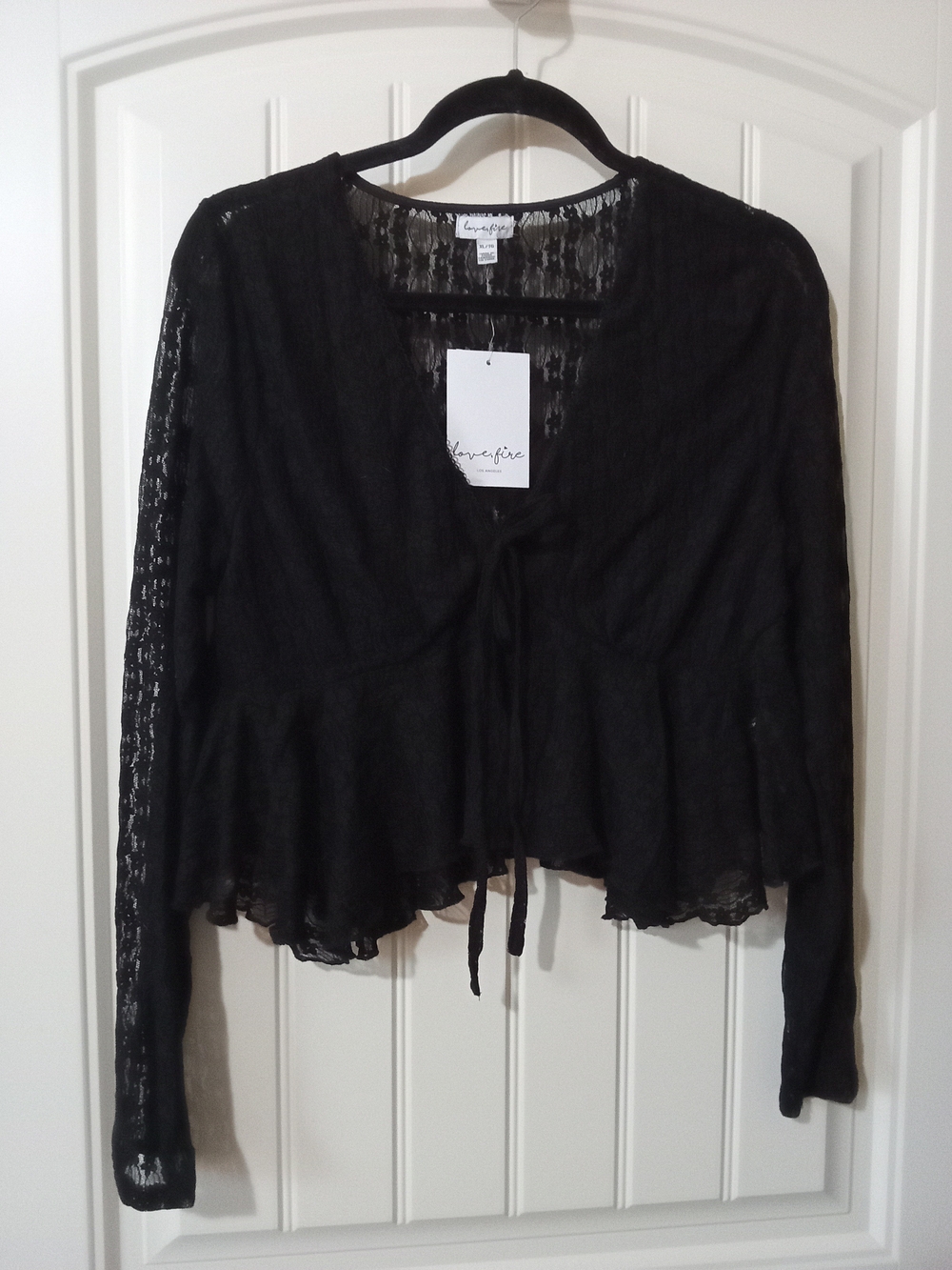 Love Fire Women's Black Lace Peplum Cropped Blouse With Tie On Front Sz XL NWT